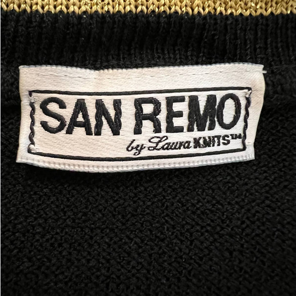 Vintage San Remo by Laura Knits Cardigan Sweater in Black w/Gold Trim Size Large - Picture 4 of 6